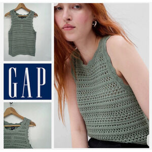 GAP Women's Crochet Knit Sleeveless Tank Top Sage Green Size Large L NWT